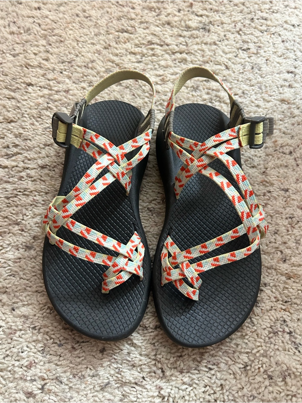 Chaco Women's Black Sandals with Cream and Orange Patterned Straps